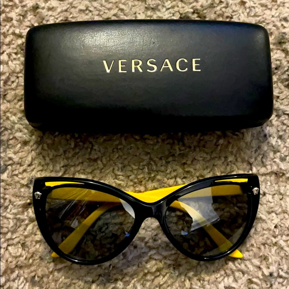 Versace Black Cat-Eye Sunglasses with Yellow Accents